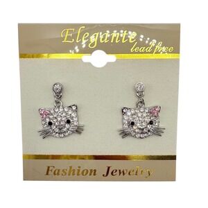Elegante Crystal Rhinestone Kitty Cat Drop Post Earrings Whimsical Pink New